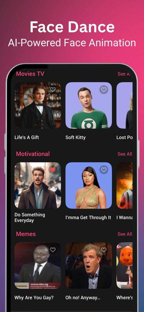 Interface showing categories of AI powered face animation templates including movies motivational and memes
