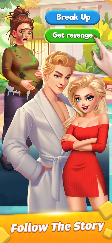 Dream Family: Triple Match 3D - A dramatic story choice screen in Dream Family Triple Match 3D showing characters in a betrayal scenario