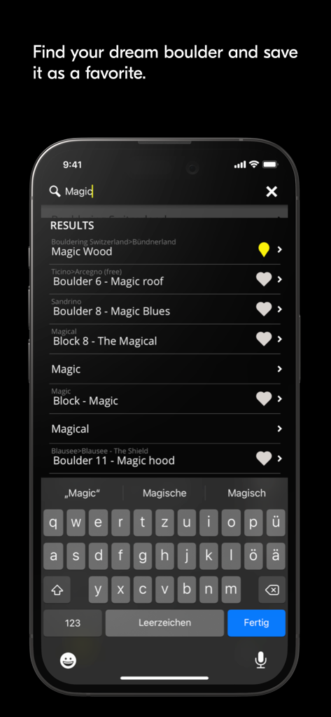 Bimano Boulder - Bimano Boulder app search screen showing results for bouldering spots like Magic Wood