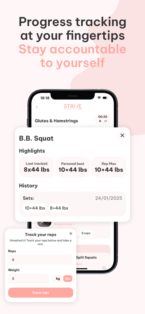 Strive by KKFIT - Strive by KKFITモバイルアプリのインターフェース、スクワットのウェイトとレップの追跡、自己ベストのハイライトを表示