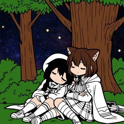 two anime girls sitting near a tree with one putting her head on the other girls shoulder sleeping