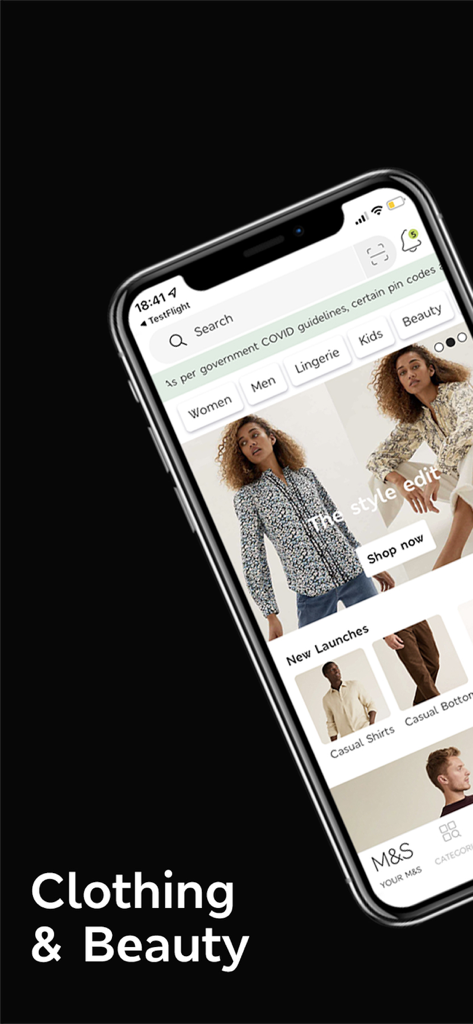 M&S India - Marks and Spencer India mobile app interface displaying clothing and beauty categories