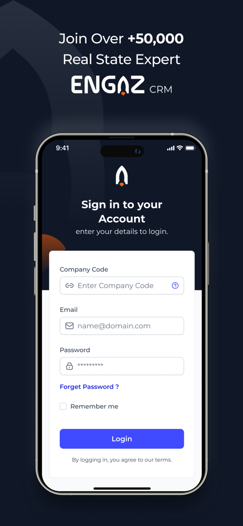Écran de connexion de l'application Engaz CRM conçue pour les professionnels de l'immobilier