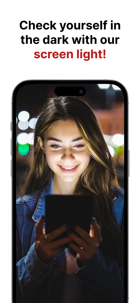 True Mirror: Ring Light  Zoom - A woman using the True Mirror app screen light to check her reflection in a dark outdoor setting