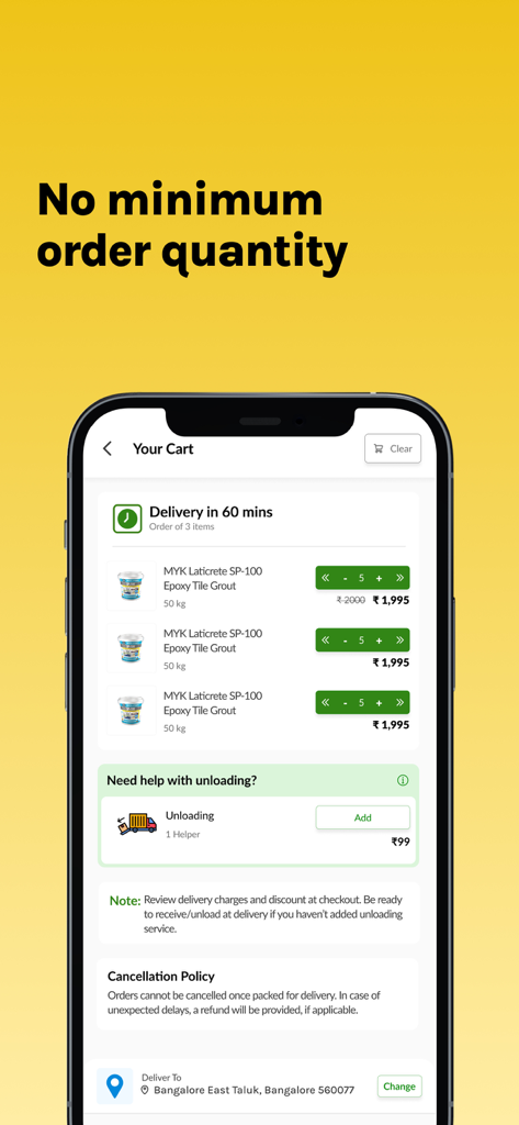 HomeRun: Materials in 60 mins - HomeRun app shopping cart showing no minimum order quantity and sixty minute delivery