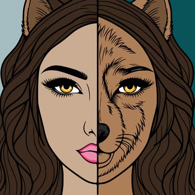 split face realistic woman and wolf