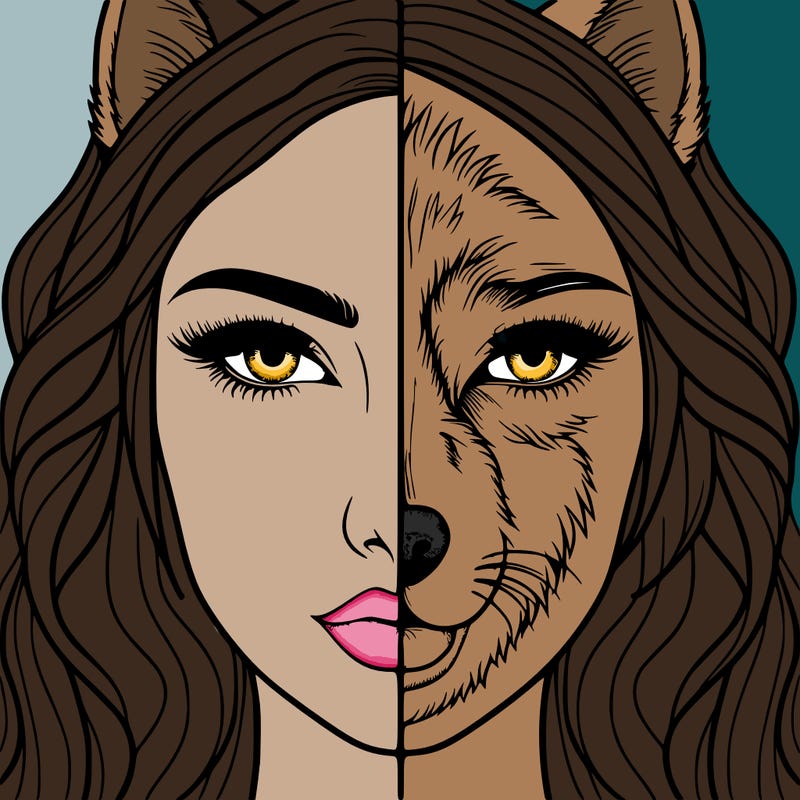 split face realistic woman and wolf