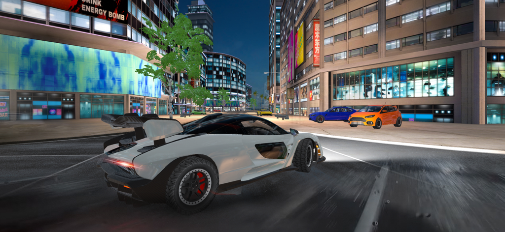 Real Car Driving Night City - White sports car driving through a neon city at night