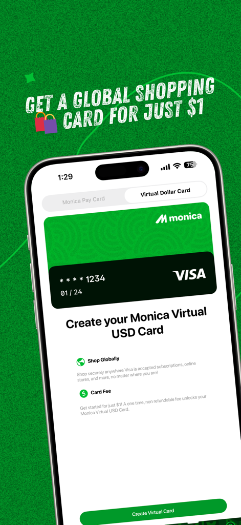 Monica app interface for creating a virtual USD Visa card for global shopping