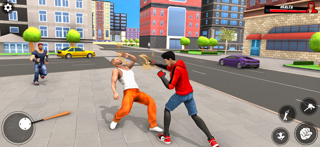 Um super-herói em um capuz vermelho lutando contra um bandido em uma rua da cidade com edifícios urbanos e carros ao fundo.