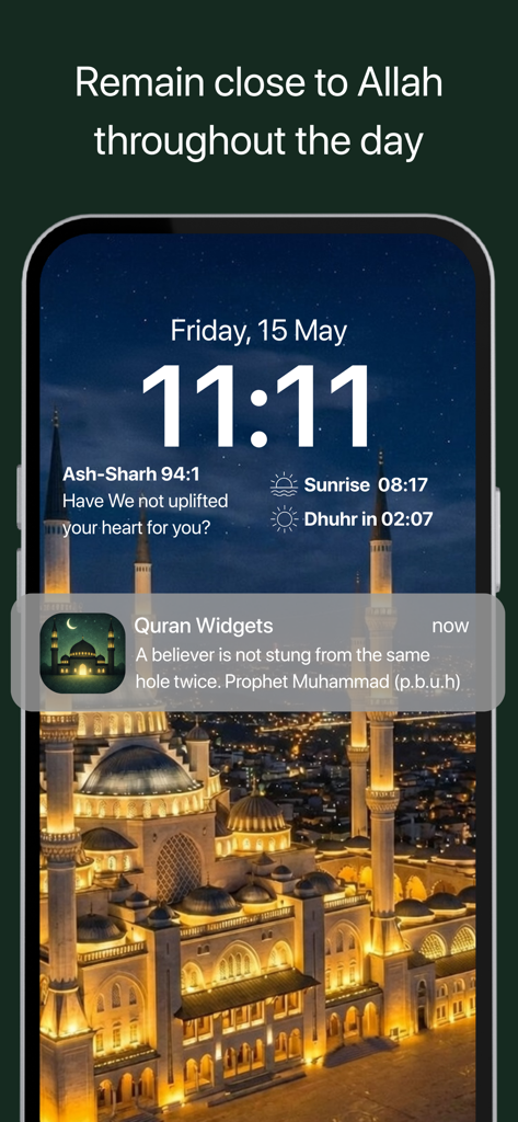 An iPhone lock screen displaying Islamic widgets with a Quran verse and a Prophet Muhammad Hadith notification