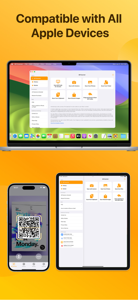 QR Code Scanner: QR Reader - Interfaz de la aplicación QR Code Scanner mostrada en iPhone, iPad y MacBook
