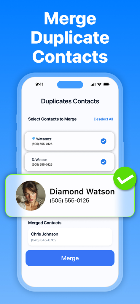 CleanX app interface showing the merge duplicate contacts feature on an iPhone