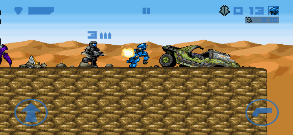 Spartan Runner. - 2D pixel art combat scene in Spartan Runner featuring characters and a vehicle in a desert level.