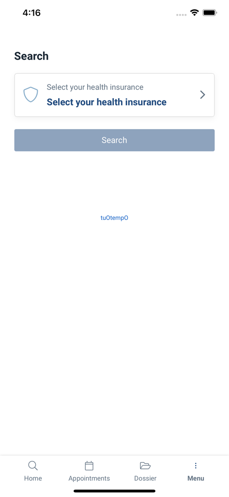 Gaias Clinicas - Pantalla de búsqueda en la aplicación Gaias Clínicas con una opción para seleccionar el seguro médico