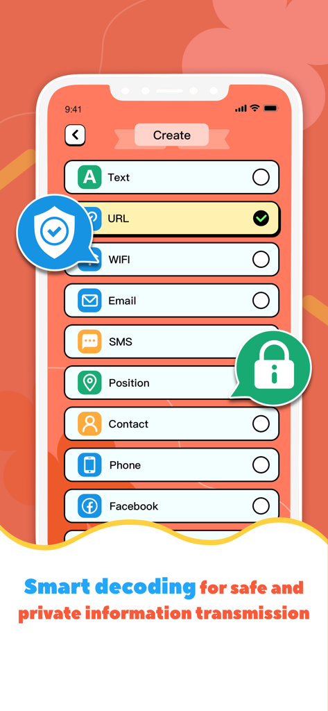 QR Master - Creator - QR Master app interface showing options to create QR codes for URL, WiFi, and contact info with a focus on security.