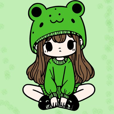 a girl wearing a frog hat and some frog socks