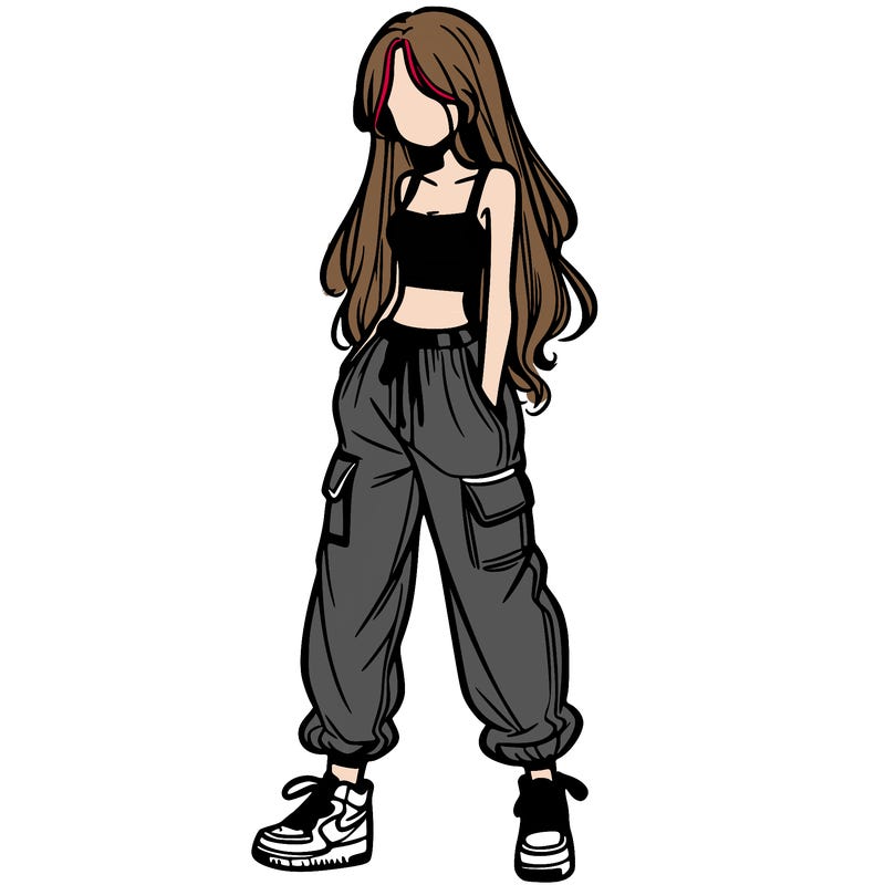 girl in baggy pants crop top and long hair