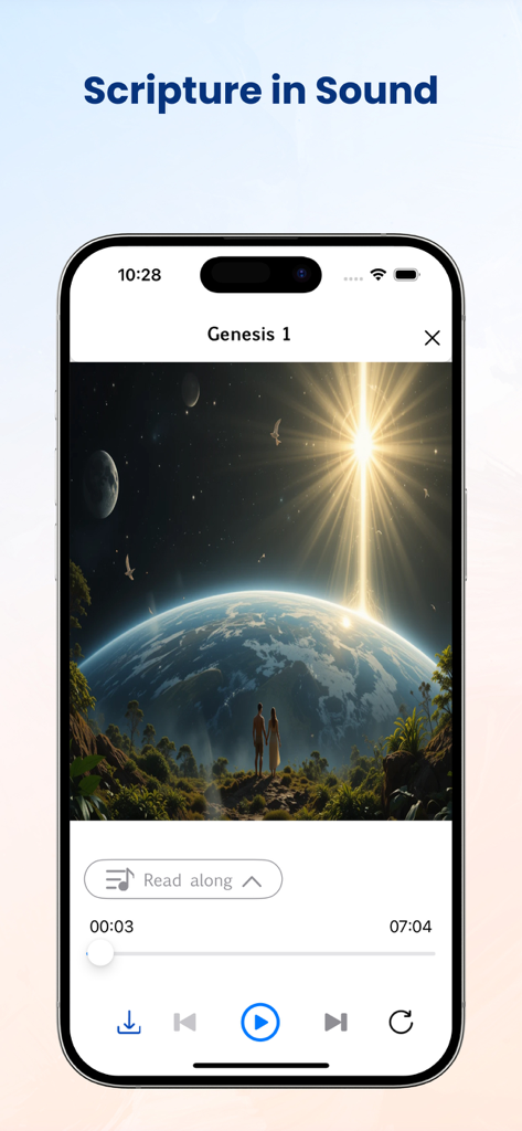 NIV Bible app audio player interface showing Genesis 1 with an illustration of creation