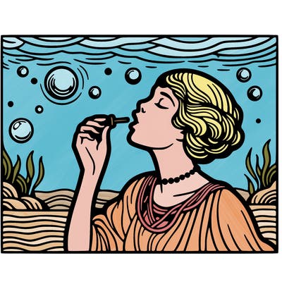 pop art style woman blowing a bubble underwater