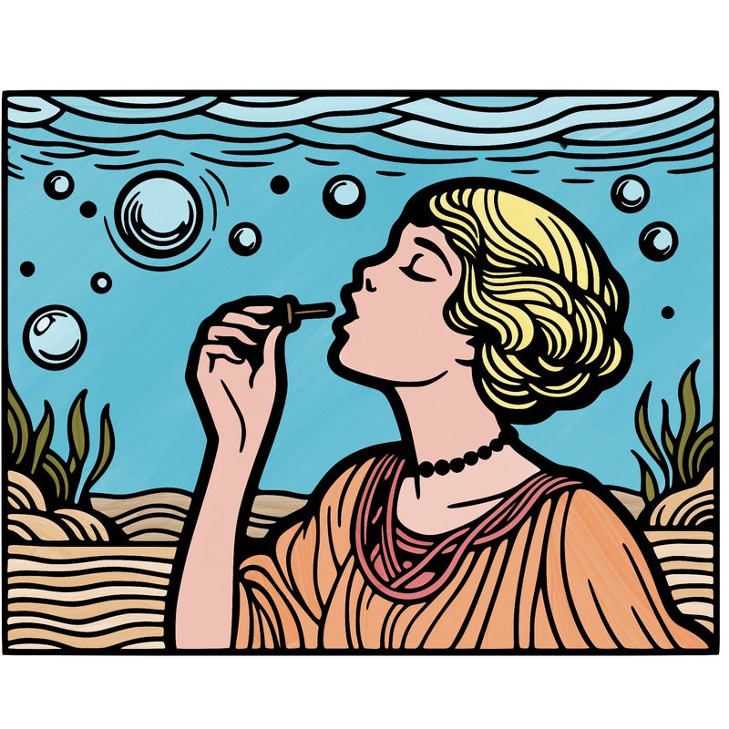 pop art style woman blowing a bubble underwater
