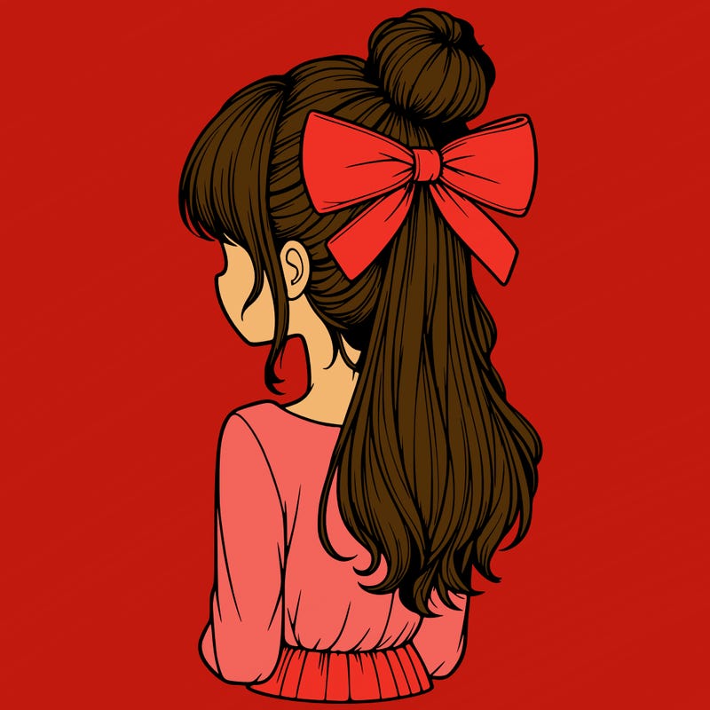 realistic girl  with hip length hair a bun and a big bow on the back of head