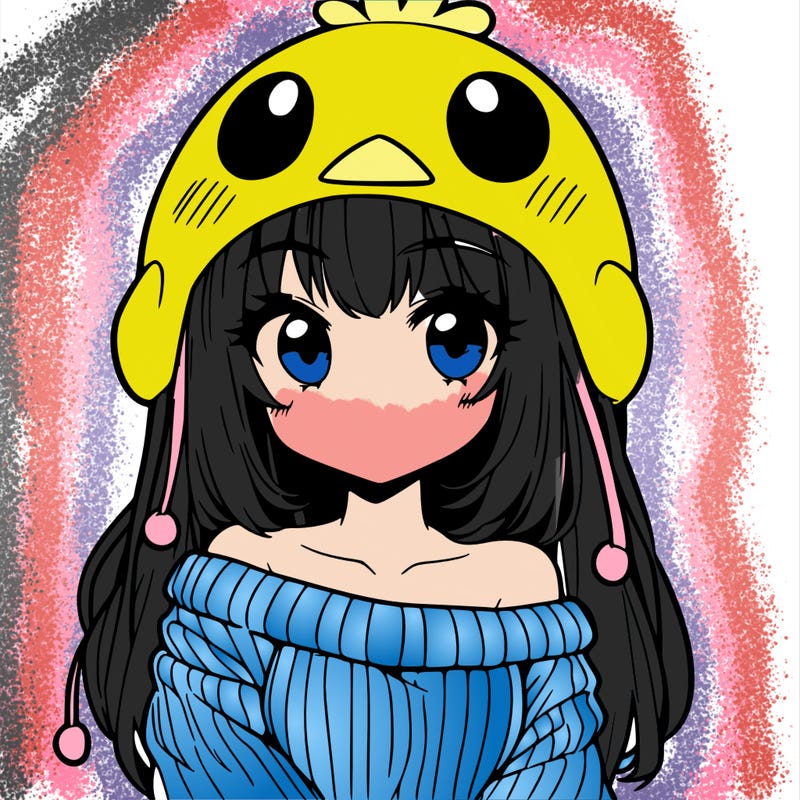 anime girl with chick shaped hat with sweater with bare shoulders with bangs covering them one eye with low tail