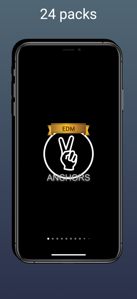 DJ Music Producer - Groove Pad - Tela de smartphone mostrando uma seleção de pacotes de som EDM com um ícone de sinal de paz no aplicativo DJ Music Producer