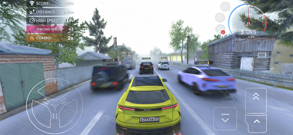 Gameplay screenshot of a yellow SUV driving through a rainy Russian village street with game HUD elements.
