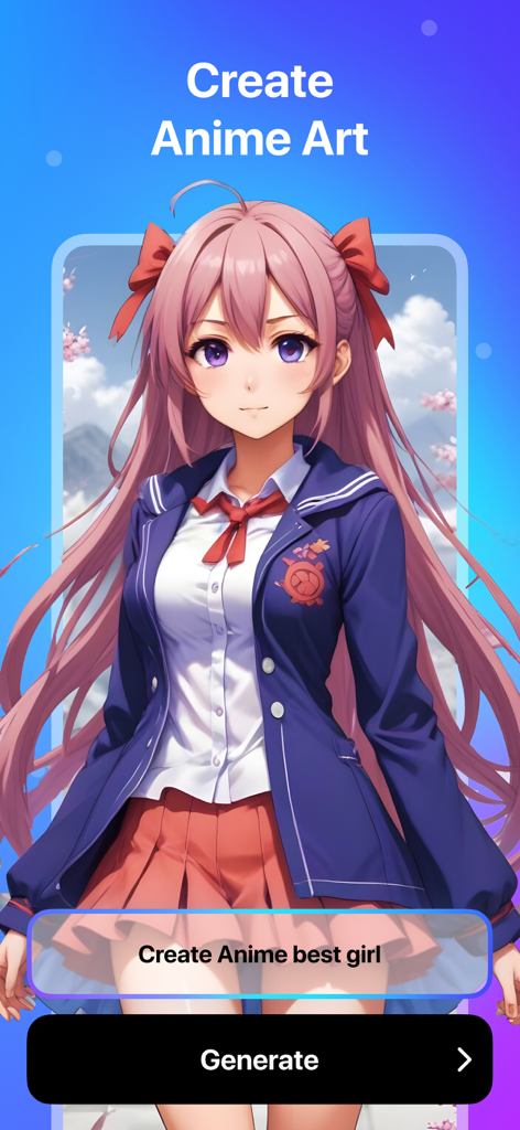 AI Figurine：AI Image Generator - AIフィギュアアプリのインターフェース。テキストプロンプトと生成ボタンと共に、生成されたアニメ風の少女を表示。