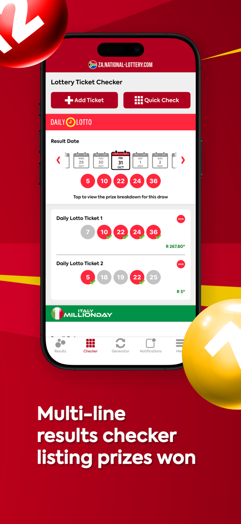 SA Lottery Results - Smartphone screen showing the SA Lottery Results app ticket checker interface with matched winning numbers and prize amounts for Daily Lotto