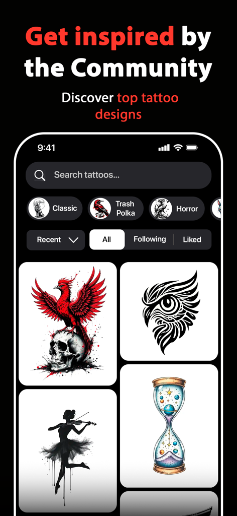 Der Community-Galerie-Bildschirm der Inkit-App mit KI-generierten Tattoo-Designs wie einem roten Phönix auf einem Schädel und einer Sanduhr.