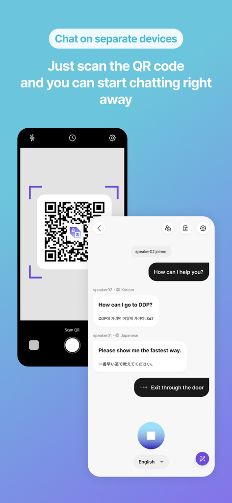 A smartphone scanning a QR code to instantly start a multilingual chat session on separate devices with real-time translation.