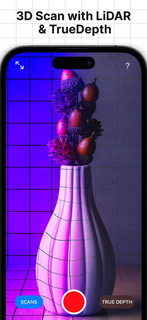 iPhone interface showing a 3D scan of a decorative vase with LiDAR and TrueDepth technology