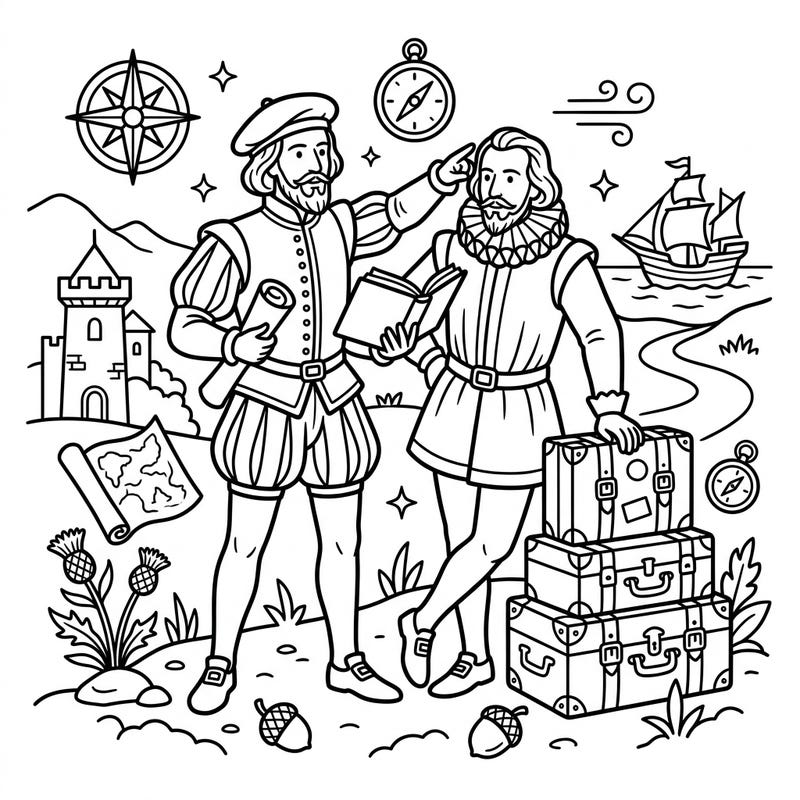 Explore the golden age of literature with our unique Renaissance Poets on Vacation coloring page. Join these esteemed scholars as they set off on an epic journey, surrounded by maps, compasses, and tales of adventure.