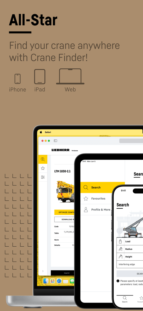 Liebherr Crane Finder app interface displayed on iPhone, iPad, and web browser