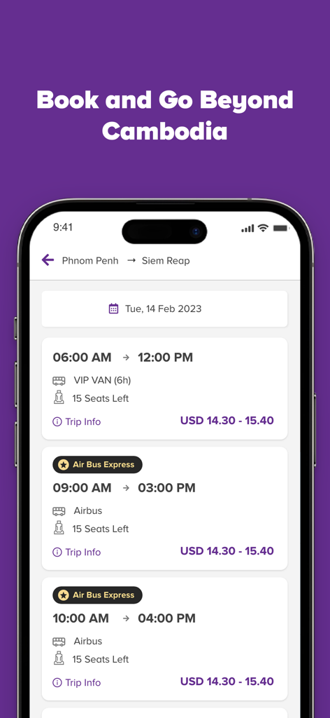 VET Air Bus by Vireak Buntham - Screenshot der VET Air Bus App mit Fahrplänen und Preisen für Fahrten von Phnom Penh nach Siem Reap