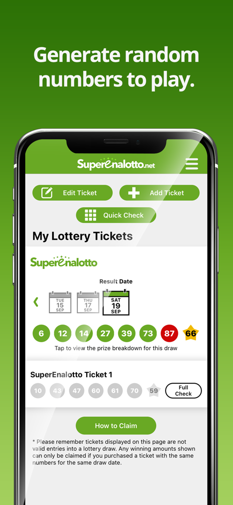 SuperEnalotto app interface for checking lottery results and saved tickets.