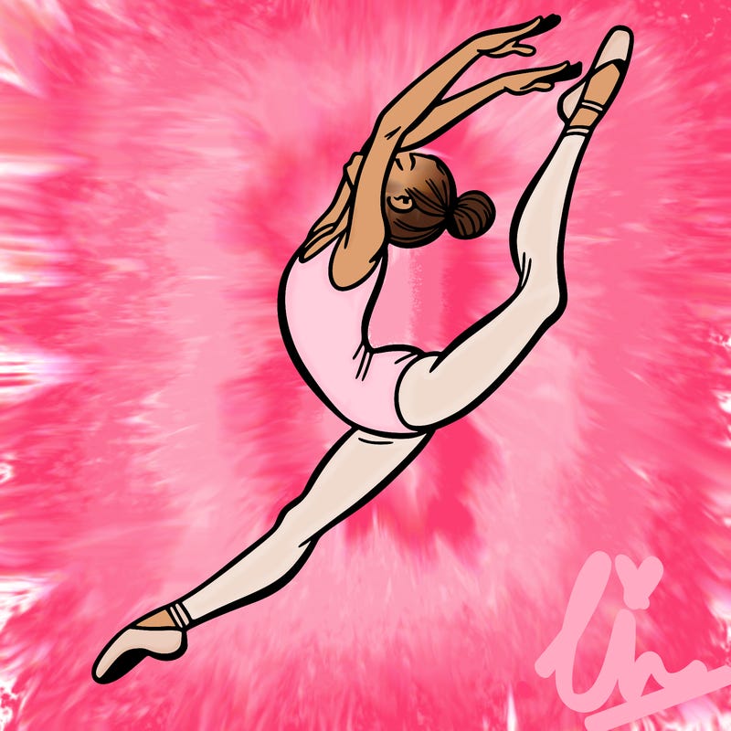 gymnast doing a leap in a leotard with a bent back leg
