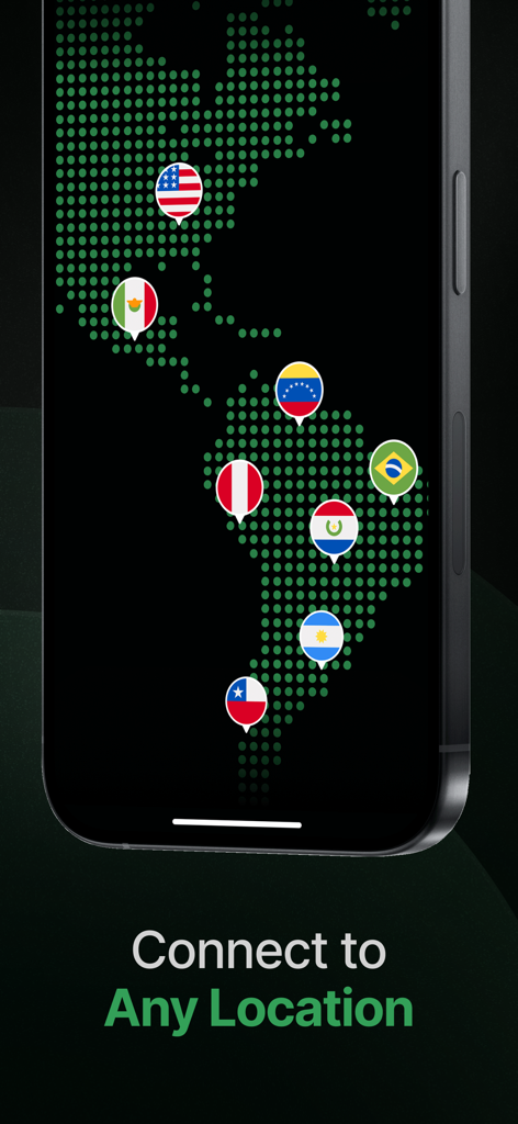 Smartphone screen showing Star VPN global server locations on a world map with the text Connect to Any Location.