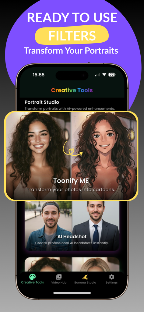 Banana Studio: AI Photo Edit - Interfaz de la aplicación de edición de fotos IA que presenta filtros de dibujos animados y retratos profesionales