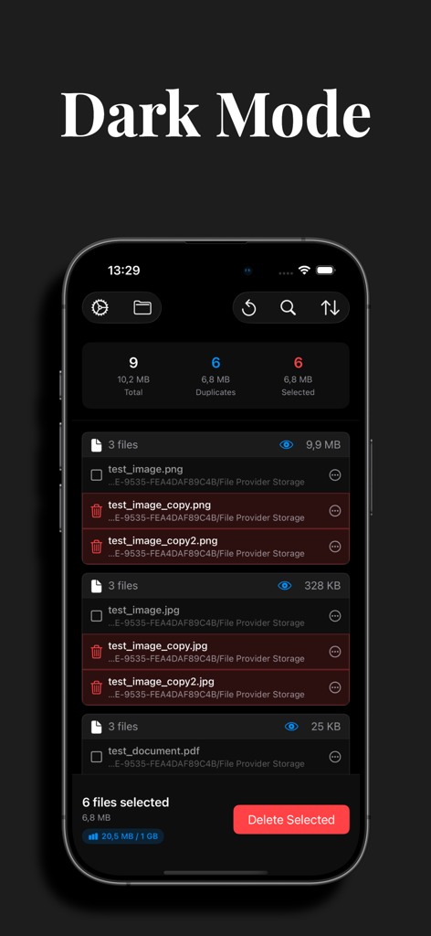 Zero Duplicates Mobile - Zero Duplicates Mobile app interface showing duplicate file detection and selection in dark mode