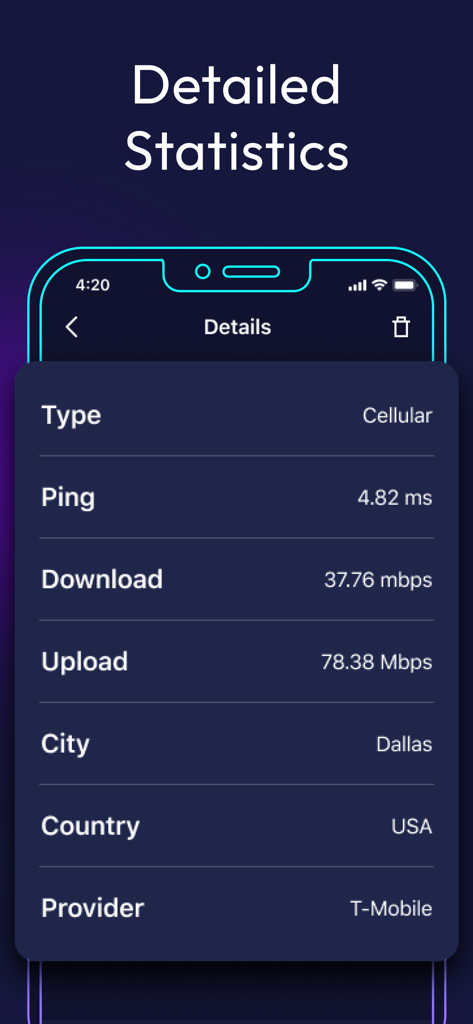 Pantalla de estadísticas detalladas que muestra ping de red, velocidades de descarga y carga