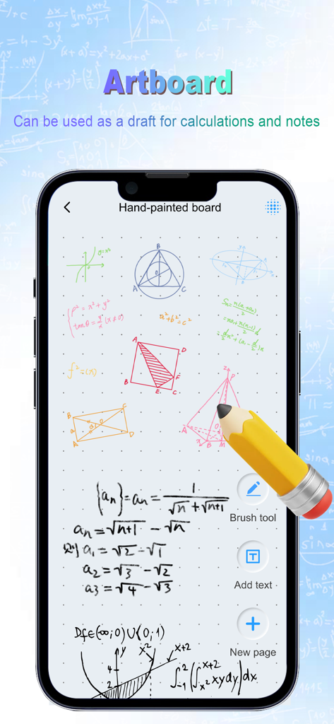 AI QuickSolver - Interfaz de la aplicación AI QuickSolver que muestra la función de bloc de notas con fórmulas matemáticas y formas geométricas