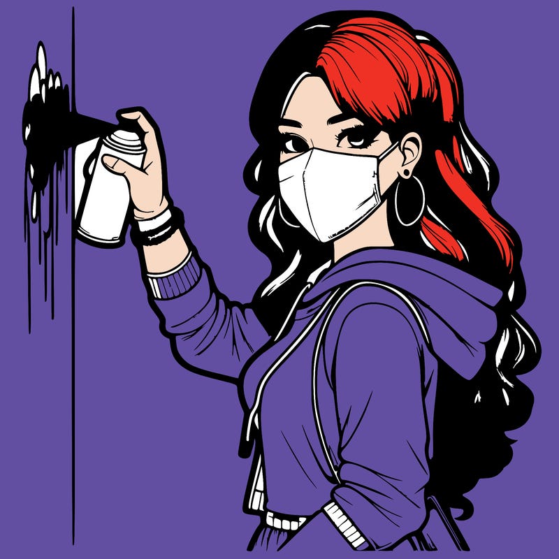 realistic girl with mask spray painting a wall