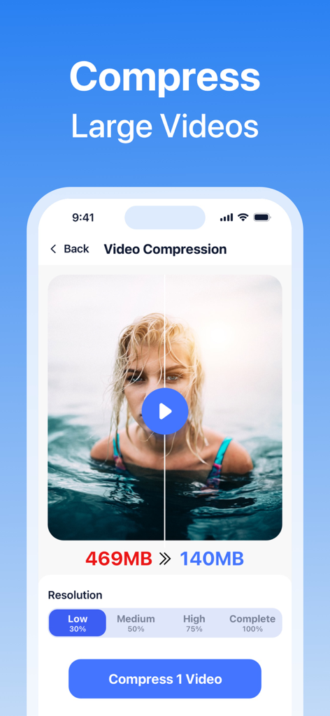 Easy Cleaner app interface showing video compression feature to reduce file size from 469MB to 140MB