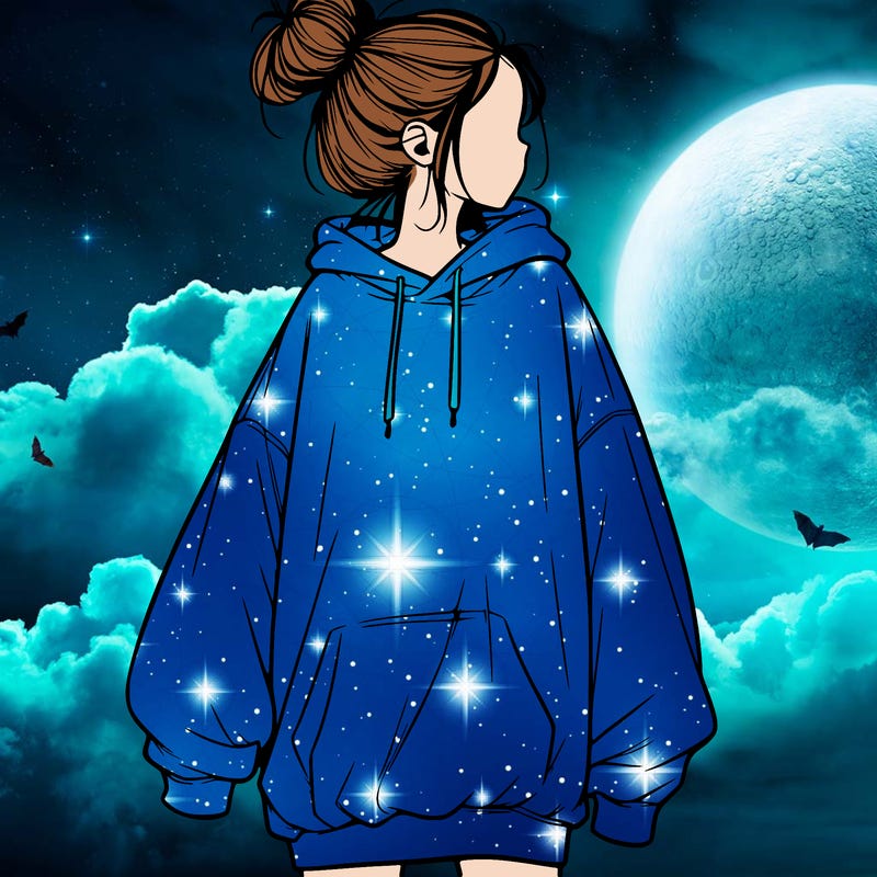 realistic girl with a oversized sweatshirt on and a bun