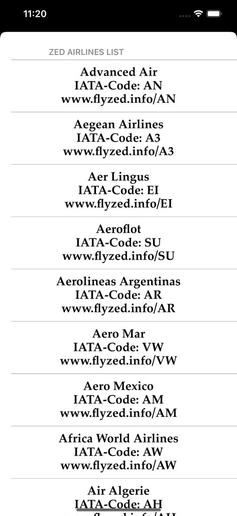 iFlyZED - A screenshot of the iFlyZED app showing an alphabetical list of ZED member airlines with their IATA codes and official flyzed links.