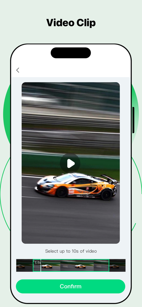 Ai Video Editor & Generator - Interfaz de la aplicación AI Video Editor que muestra una pantalla de selección de video con un clip de coche de carreras y una línea de tiempo.