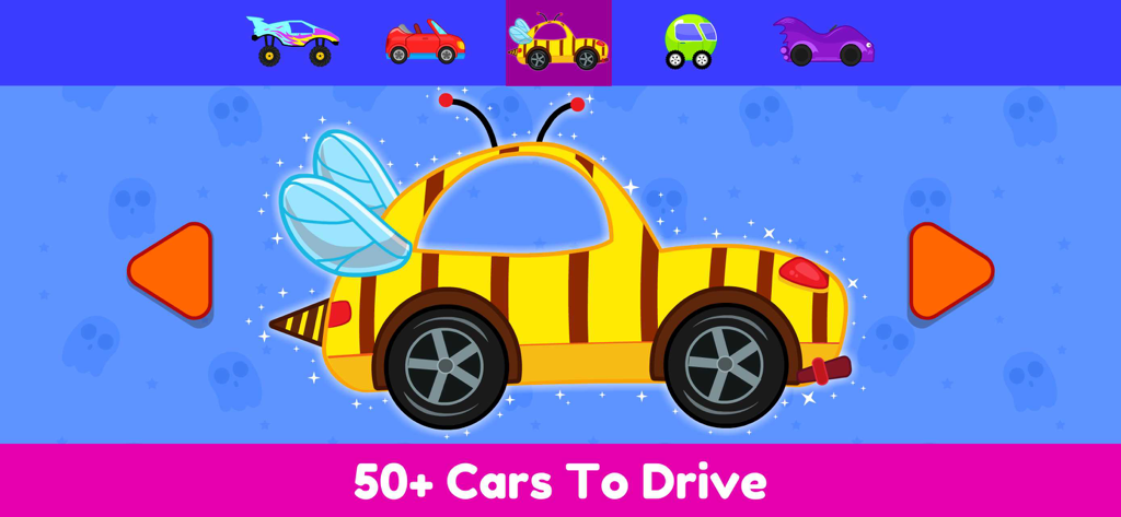 Pantalla de selección en la aplicación de juegos de coches para niños mostrando un coche con temática de abejorro y el texto Más de 50 coches para conducir